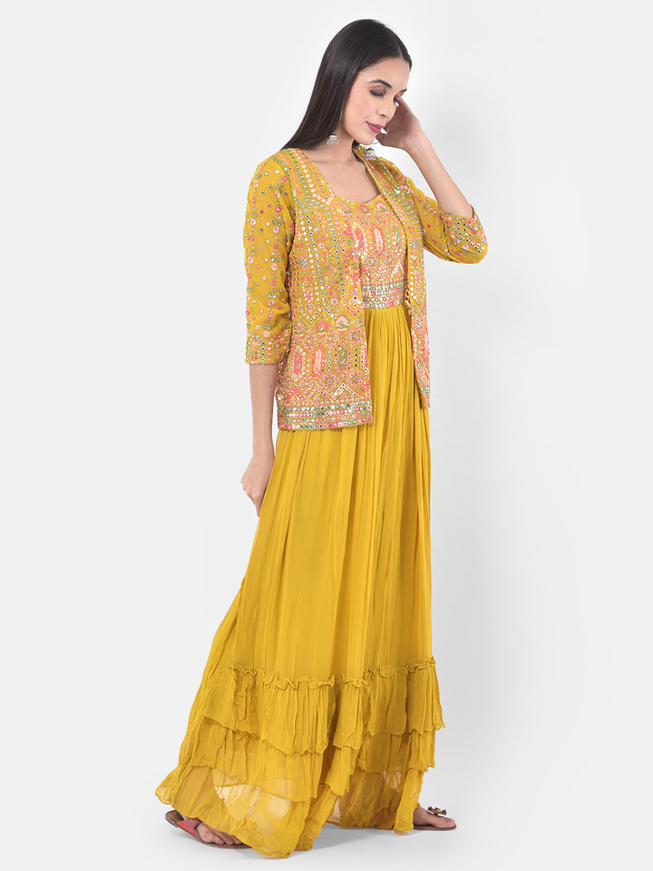 Neerus Yellow Embellished Flared Kurta With Shrug