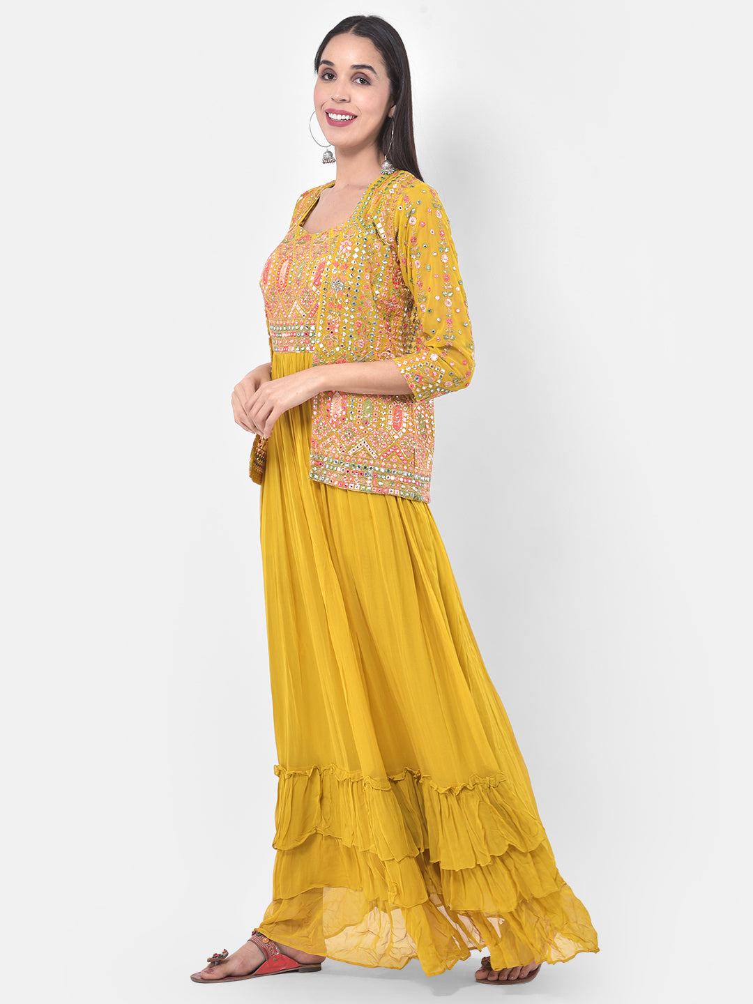 Neerus Yellow Embellished Flared Kurta With Shrug