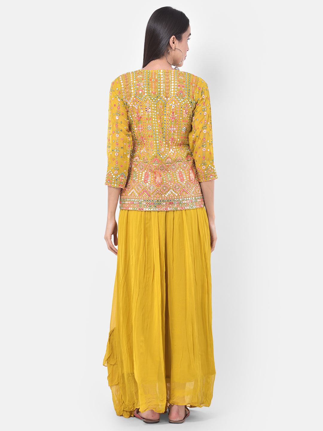 Neerus Yellow Embellished Flared Kurta With Shrug