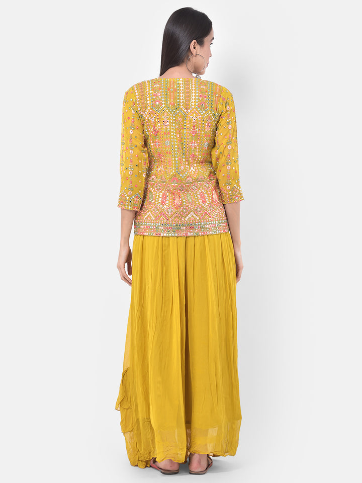 Neerus Yellow Embellished Flared Kurta With Shrug