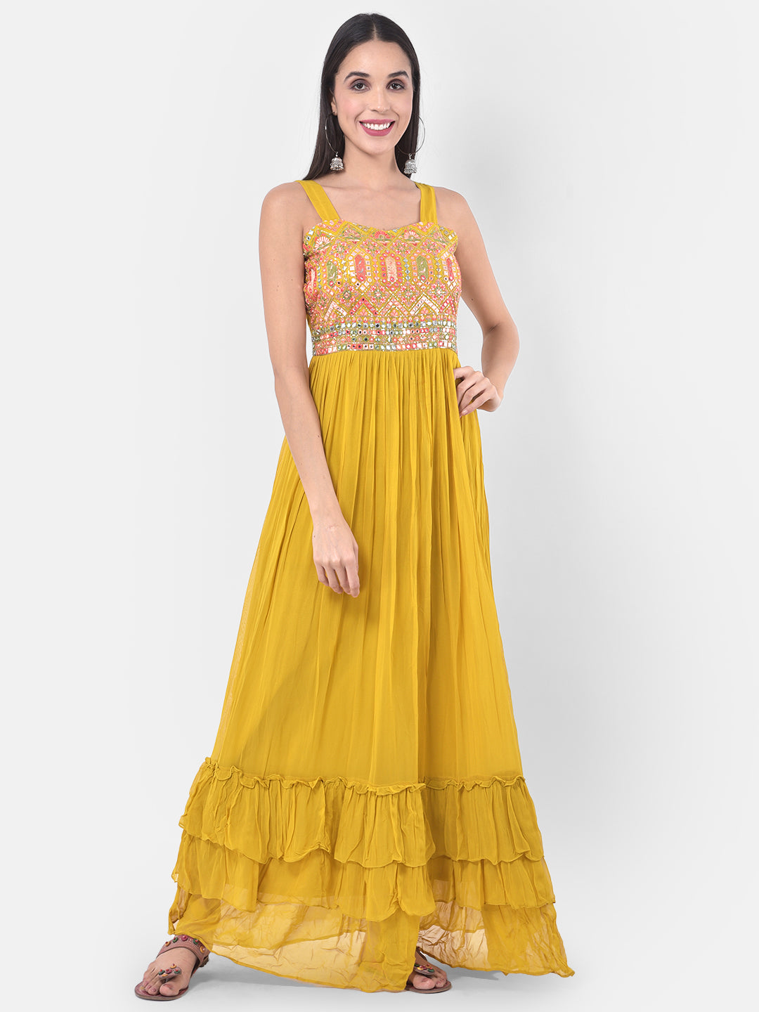 Neerus Yellow Embellished Flared Kurta With Shrug