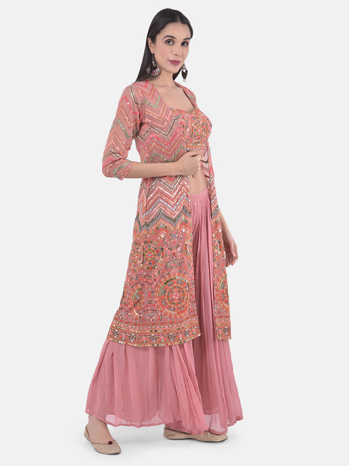 Neerus Peach Embellished Top & Palazzo Set With Shrug