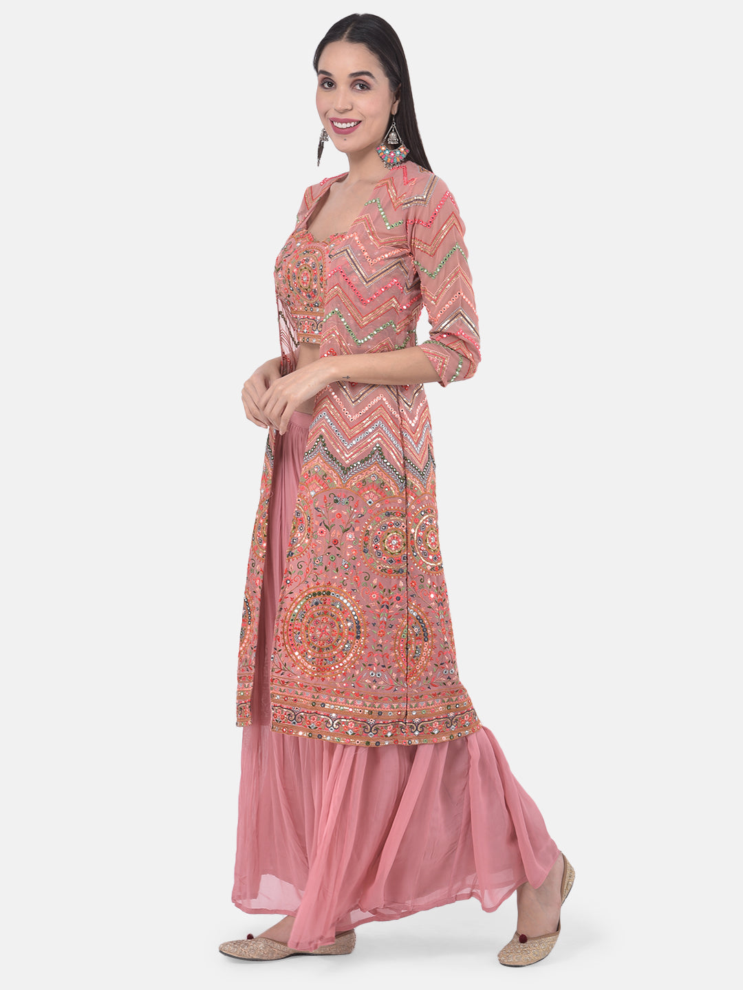 Neerus Peach Embellished Top & Palazzo Set With Shrug