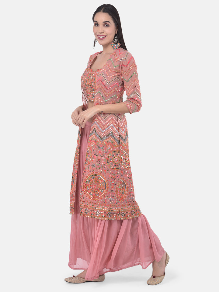 Neerus Peach Embellished Top & Palazzo Set With Shrug
