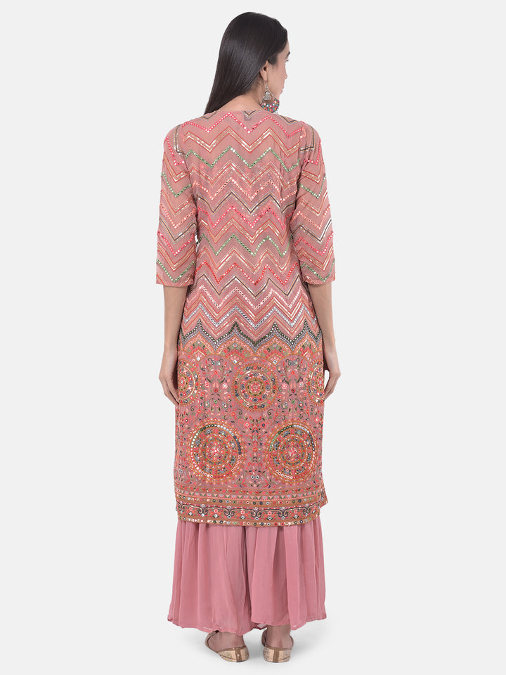 Neerus Peach Embellished Top & Palazzo Set With Shrug