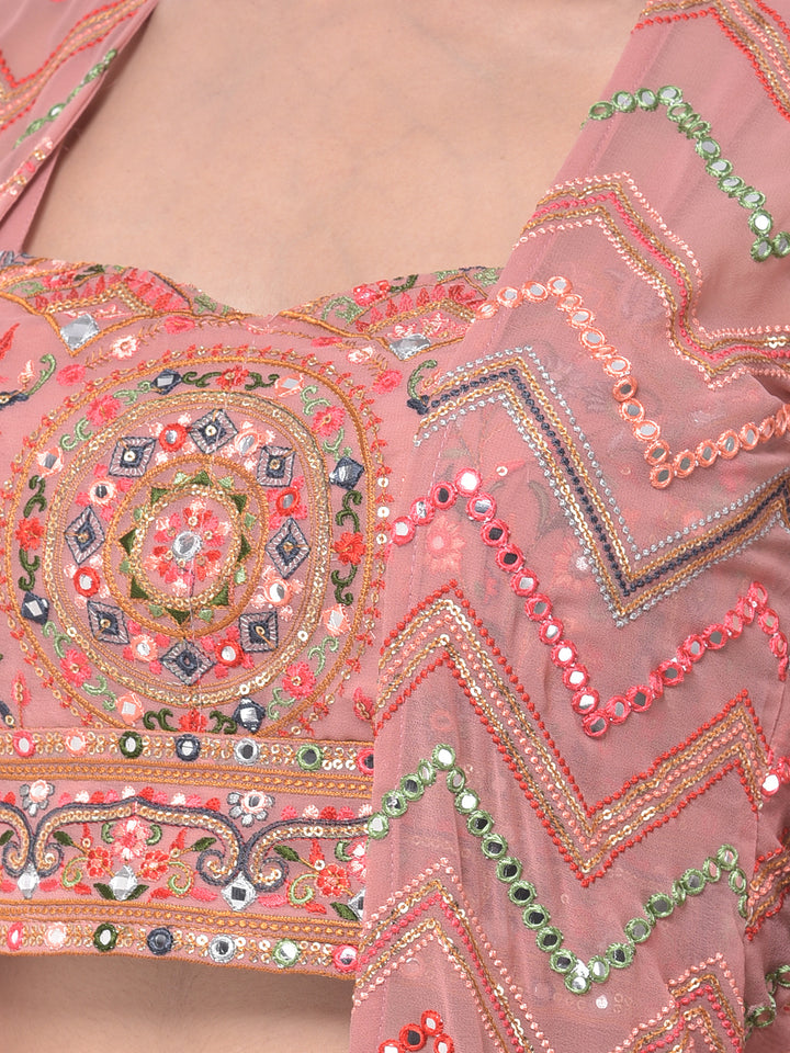 Neerus Peach Embellished Top & Palazzo Set With Shrug