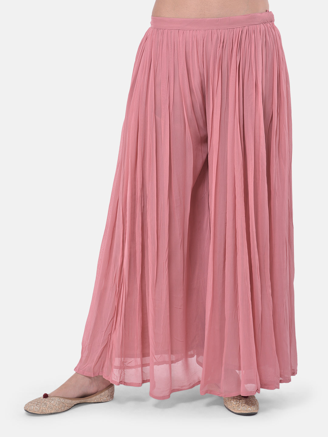 Neerus Peach Embellished Top & Palazzo Set With Shrug