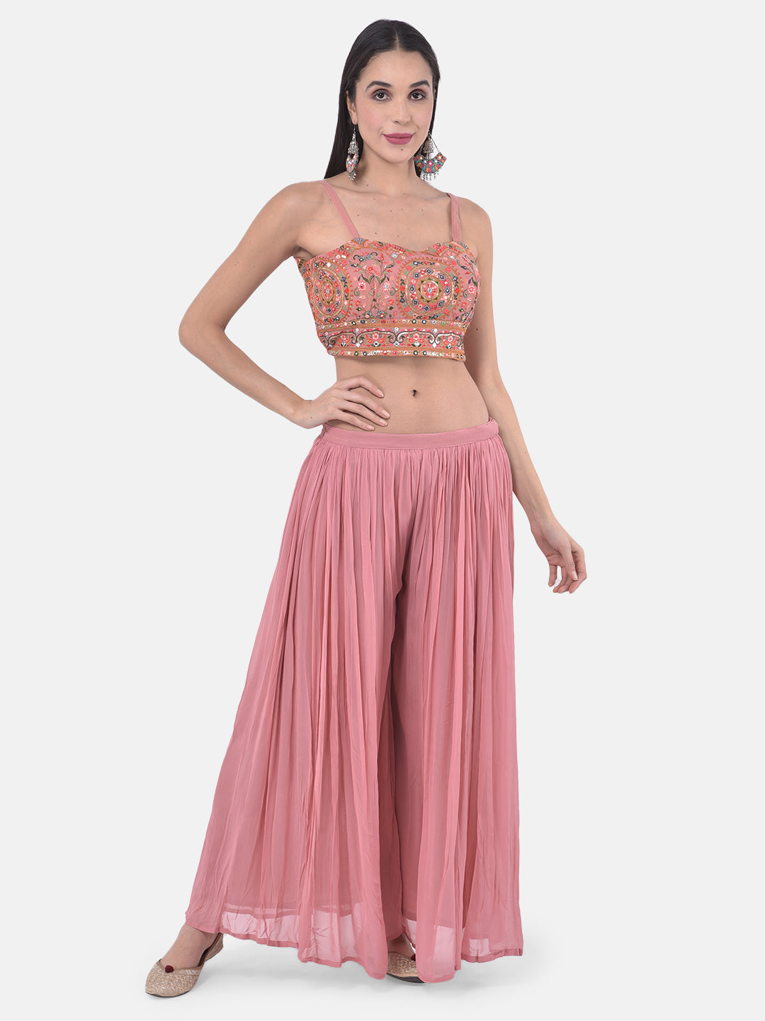 Neerus Peach Embellished Top & Palazzo Set With Shrug