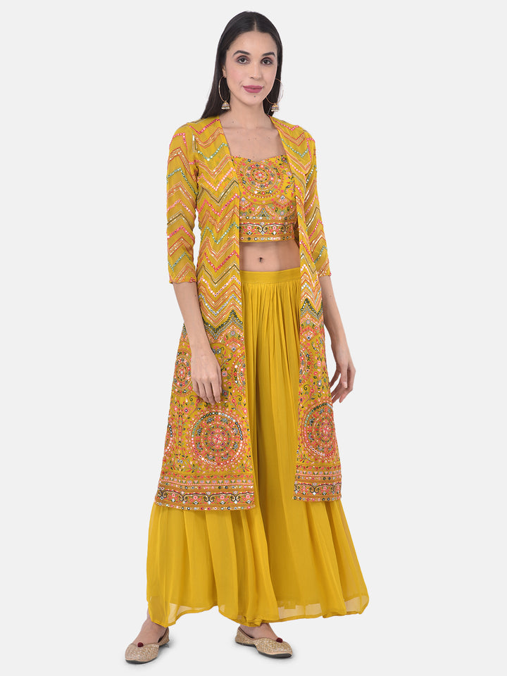 Neerus Yellow Embellished Top & Palazzo Set With Shrug