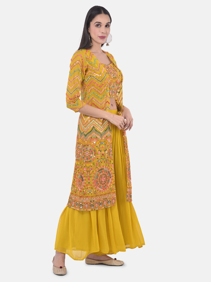 Neerus Yellow Embellished Top & Palazzo Set With Shrug