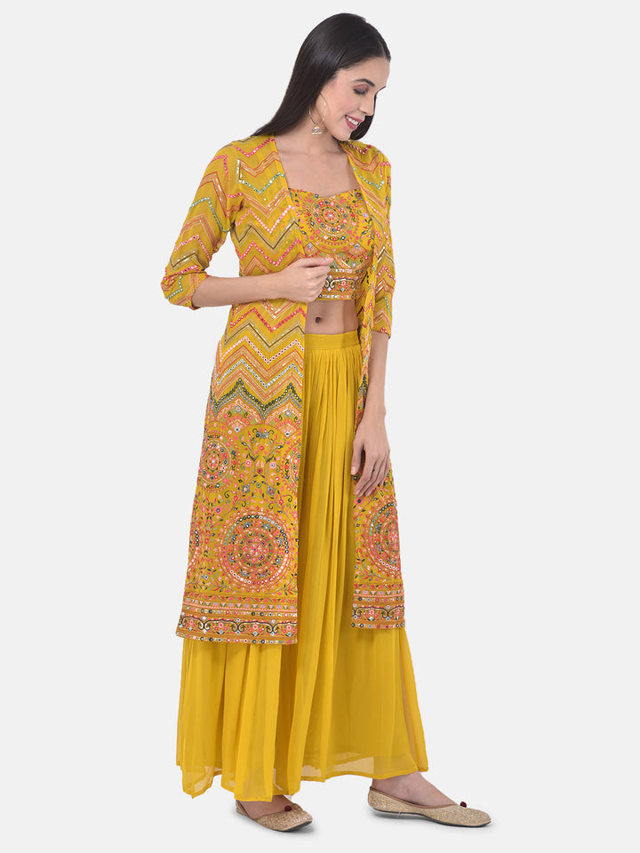 Neerus Yellow Embellished Top & Palazzo Set With Shrug