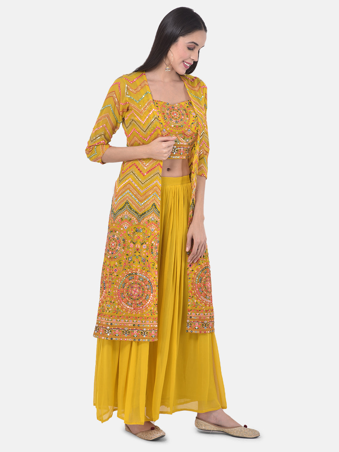 Neeru's Yellow Embellished Top & Palazzo Set With Shrug
