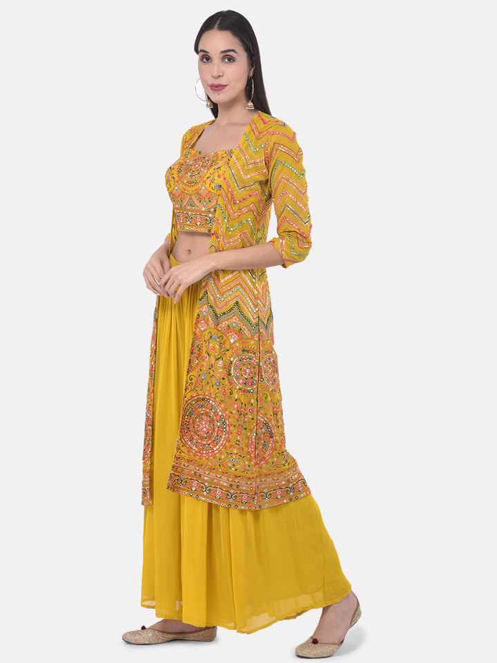 Neerus Yellow Embellished Top & Palazzo Set With Shrug