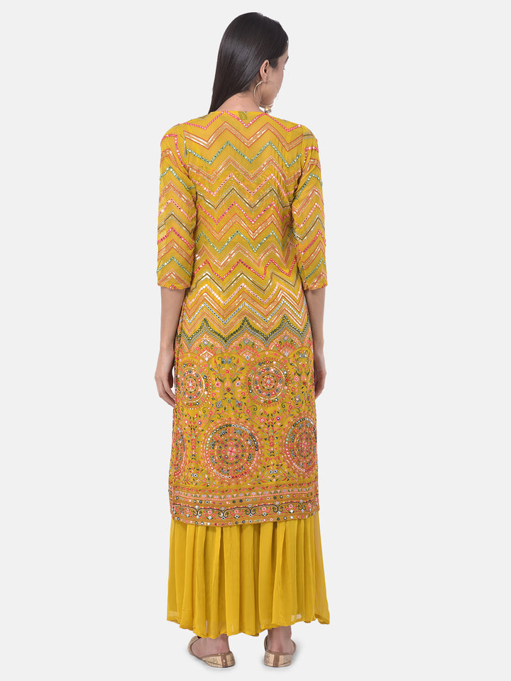 Neerus Yellow Embellished Top & Palazzo Set With Shrug
