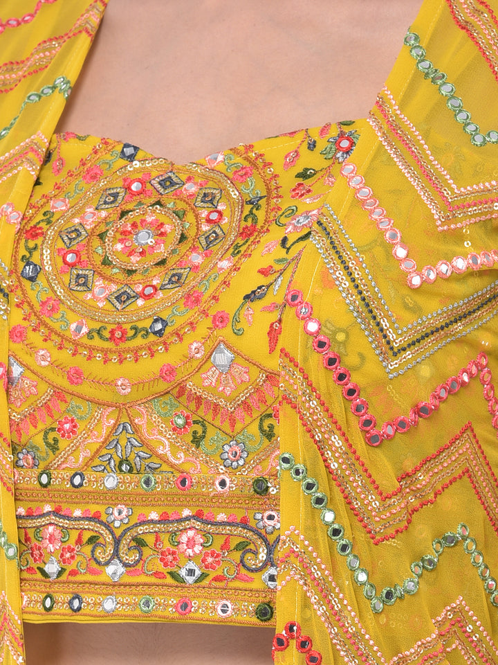 Neerus Yellow Embellished Top & Palazzo Set With Shrug