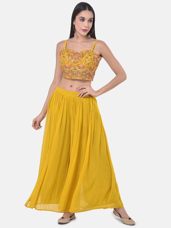 Neerus Yellow Embellished Top & Palazzo Set With Shrug