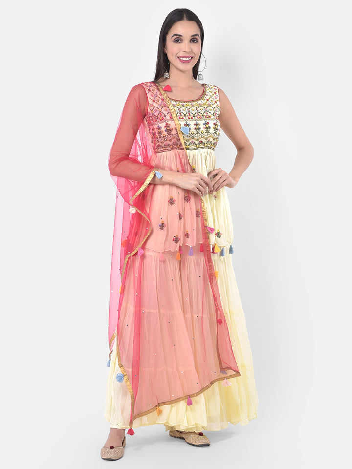 Neerus Yellow Embroidered Kurta With Sharara & Dupatta