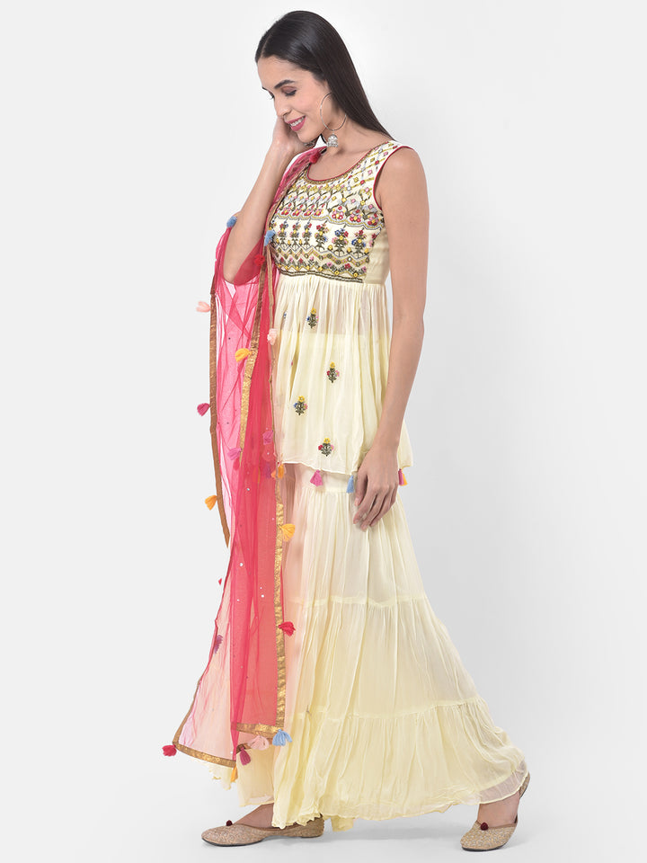 Neerus Yellow Embroidered Kurta With Sharara & Dupatta