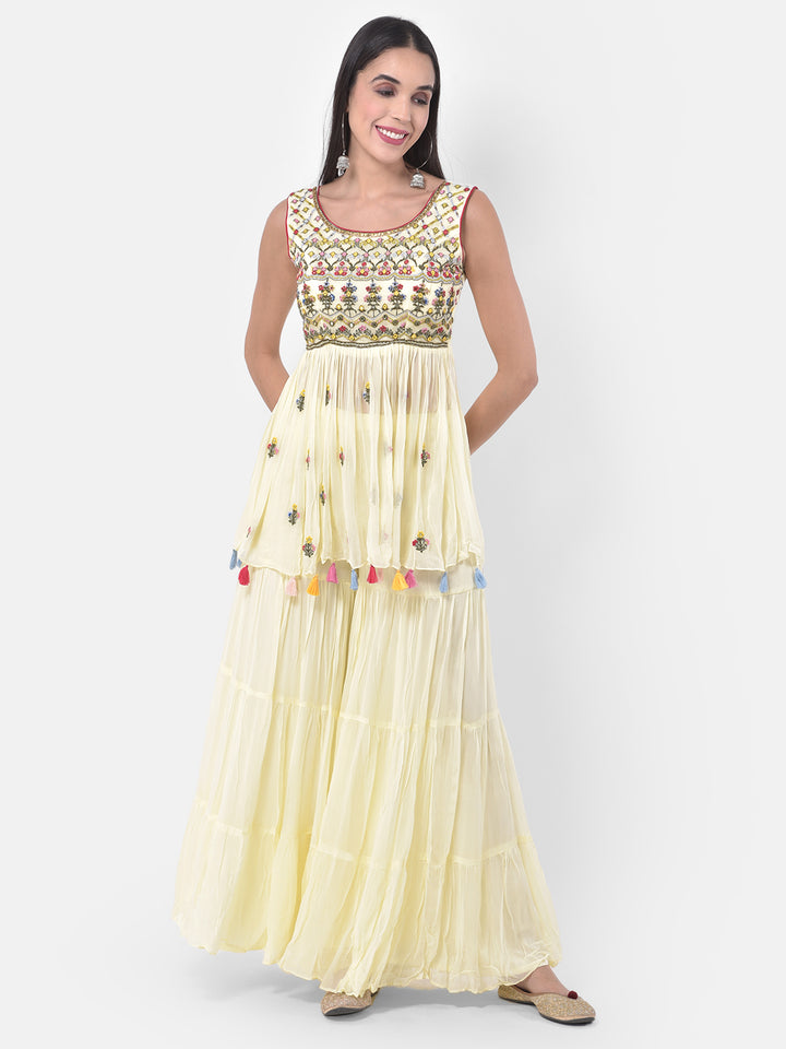 Neerus Yellow Embroidered Kurta With Sharara & Dupatta