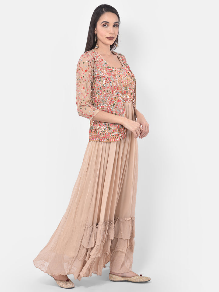 Neerus Bisque Embellished Flared Kurta With Shrug