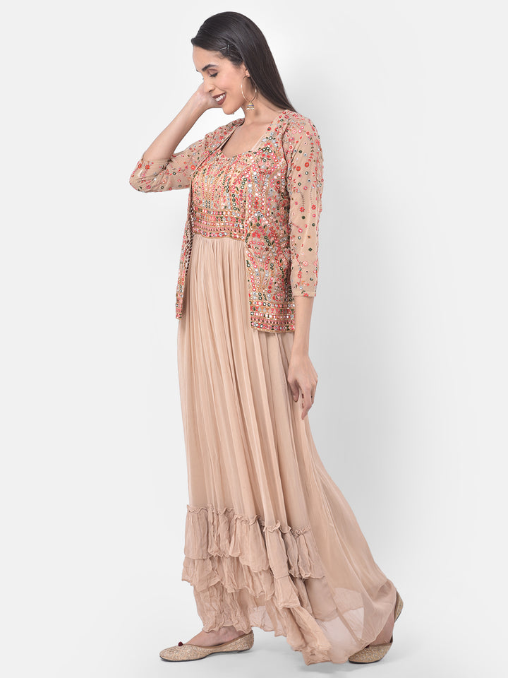 Neerus Bisque Embellished Flared Kurta With Shrug