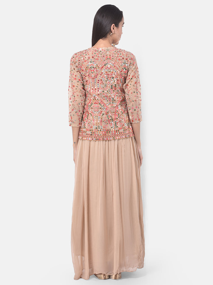 Neerus Bisque Embellished Flared Kurta With Shrug