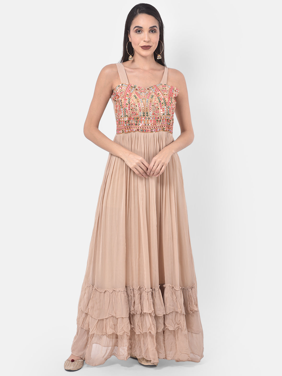 Neeru's Bisque Embellished Flared Kurta With Shrug
