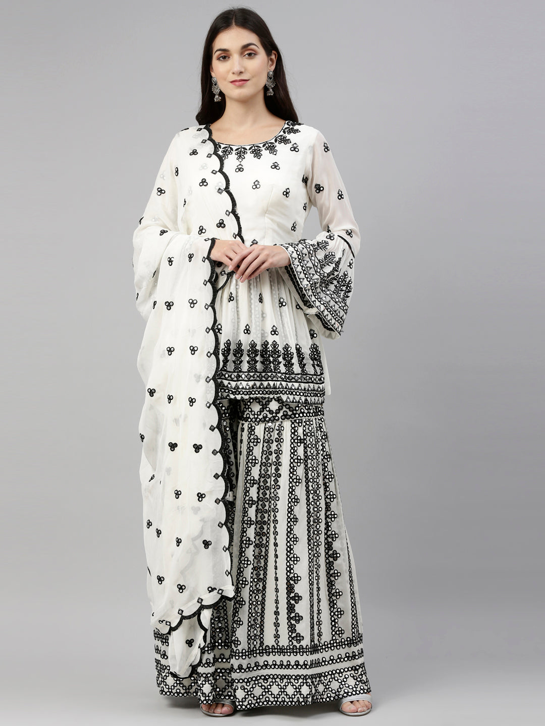 Neerus Cream Color Mercerized Fabric Suit-Short Anarkali