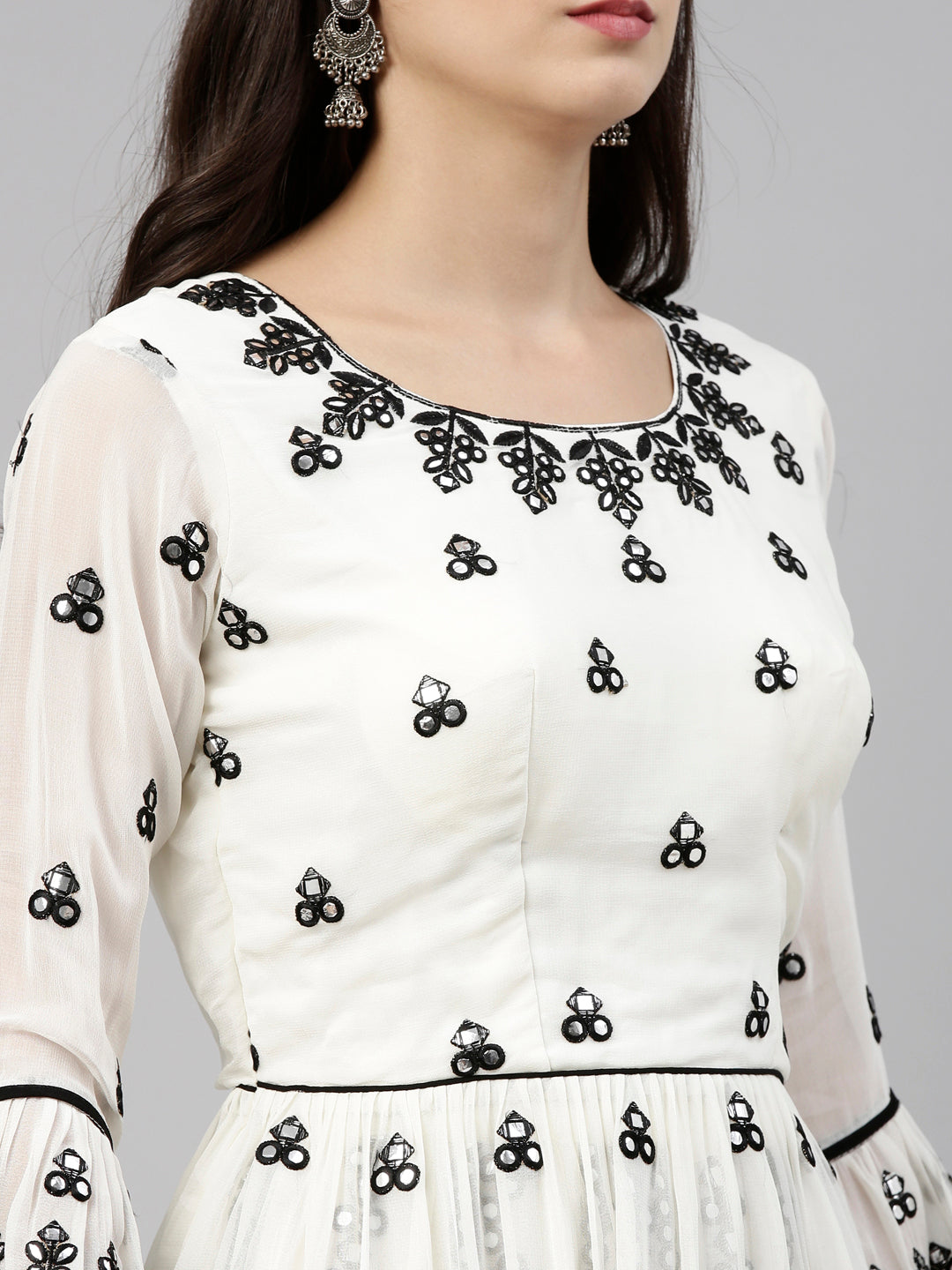 Neerus Cream Color Mercerized Fabric Suit-Short Anarkali