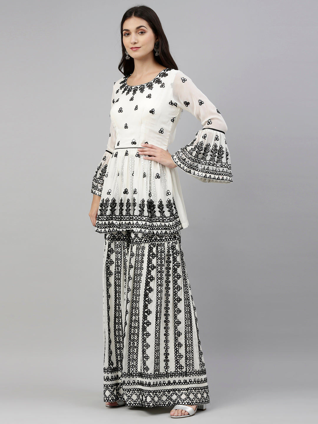 Neerus Cream Color Mercerized Fabric Suit-Short Anarkali