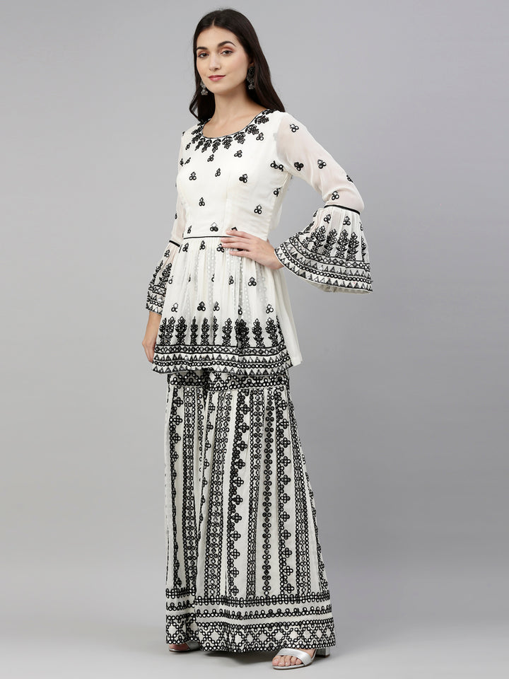 Neerus Cream Color Mercerized Fabric Suit-Short Anarkali