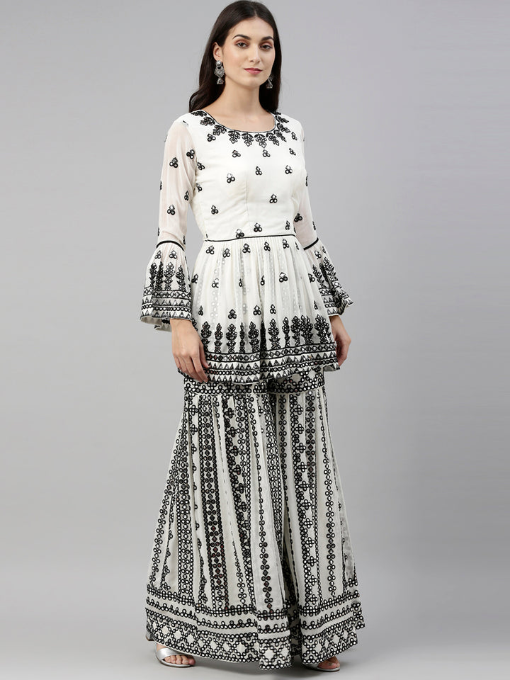 Neerus Cream Color Mercerized Fabric Suit-Short Anarkali