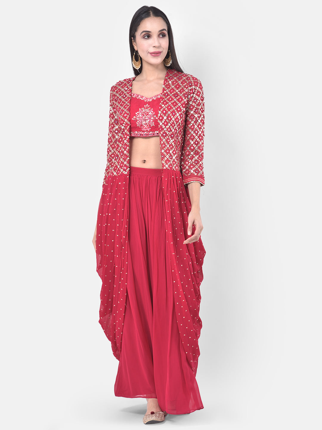 Neerus Pink embellished kurta set with palazzo and shrug - detail view 2