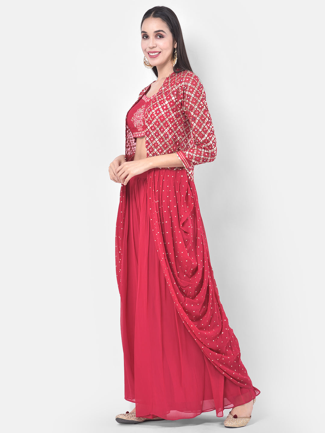 Neerus Pink embellished kurta set with palazzo and shrug - front view