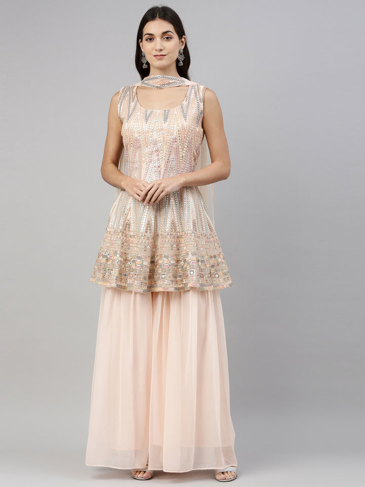 Neerus Peach Color Georgette Fabric Suit-Short Anarkali