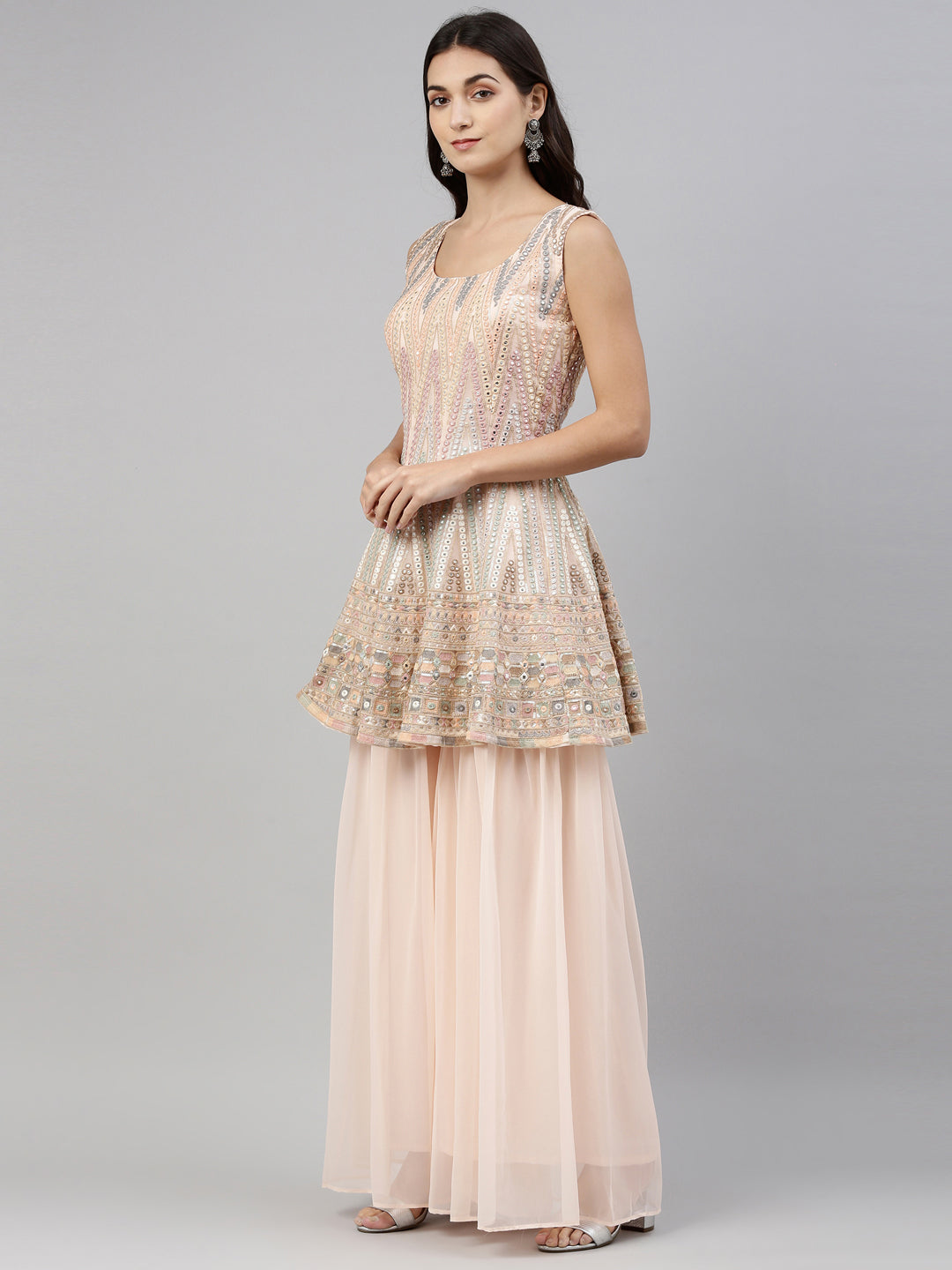 Neerus Peach Color Georgette Fabric Suit-Short Anarkali