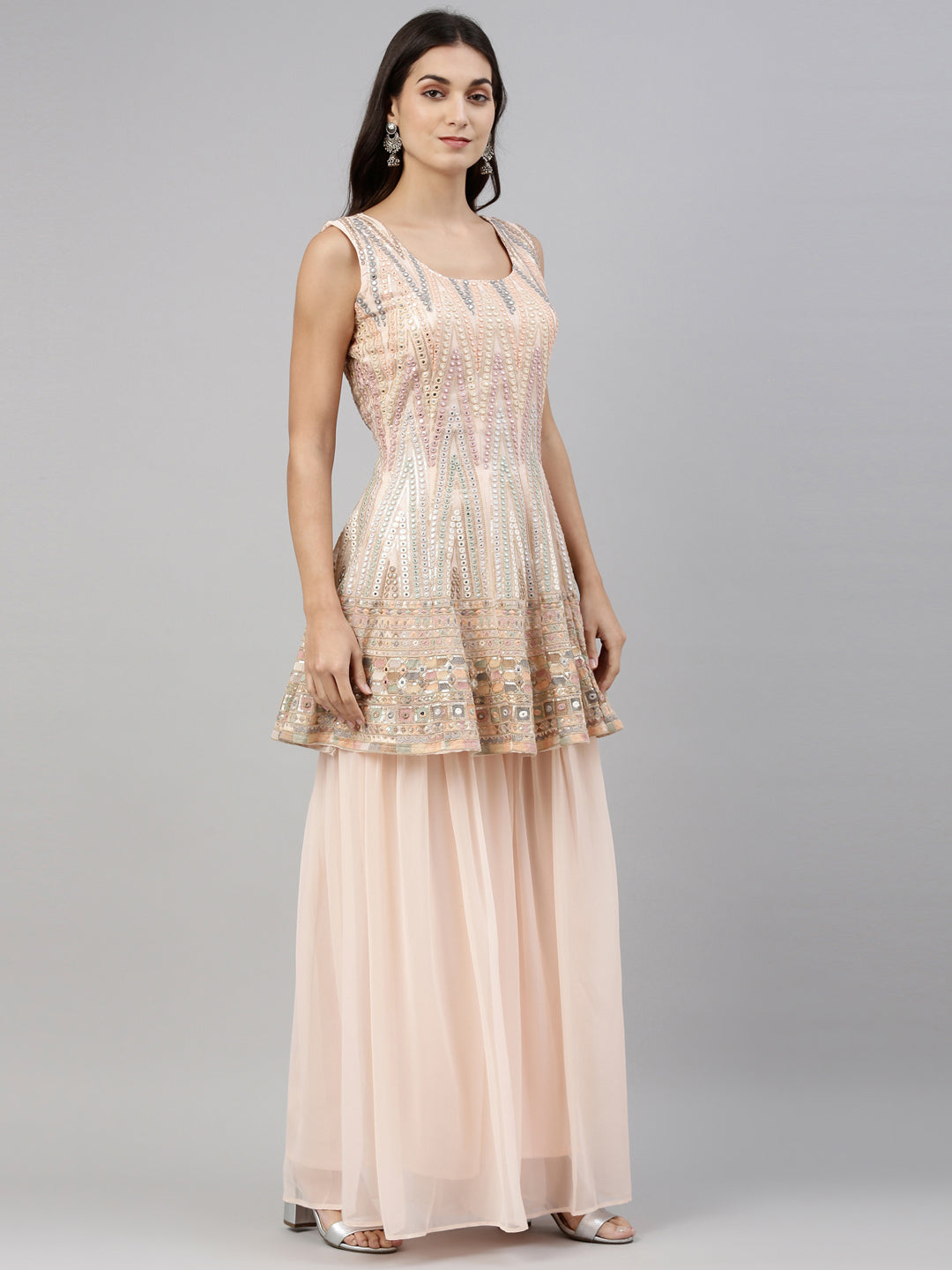 Neerus Peach Color Georgette Fabric Suit-Short Anarkali