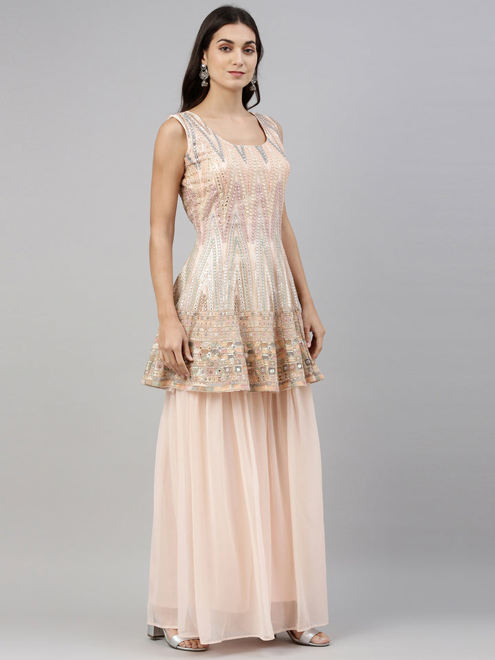 Neerus Peach Color Georgette Fabric Suit-Short Anarkali