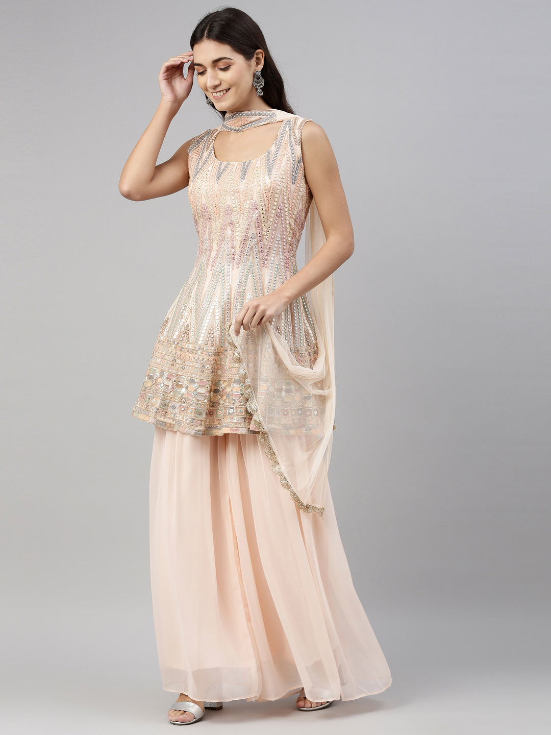 Neerus Peach Color Georgette Fabric Suit-Short Anarkali