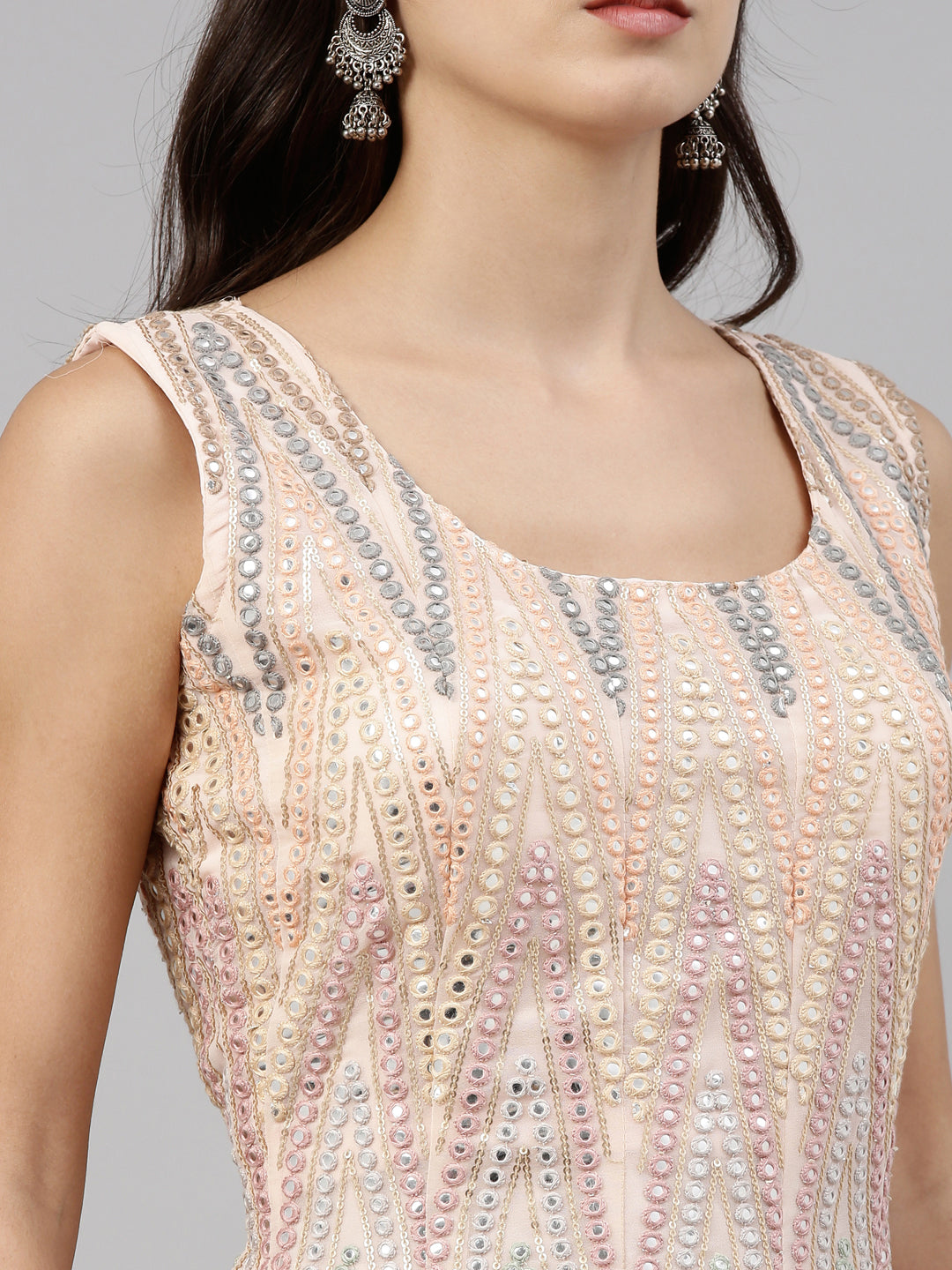 Neerus Peach Color Georgette Fabric Suit-Short Anarkali