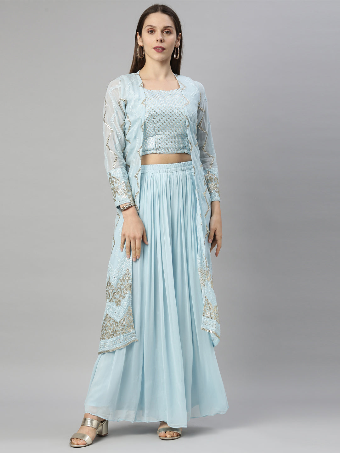 Neerus Blue Georgette Suit Set - front view