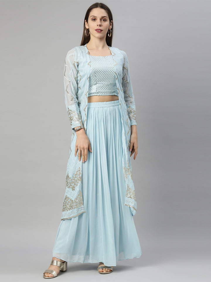 Neerus Blue Georgette Suit Set - front view