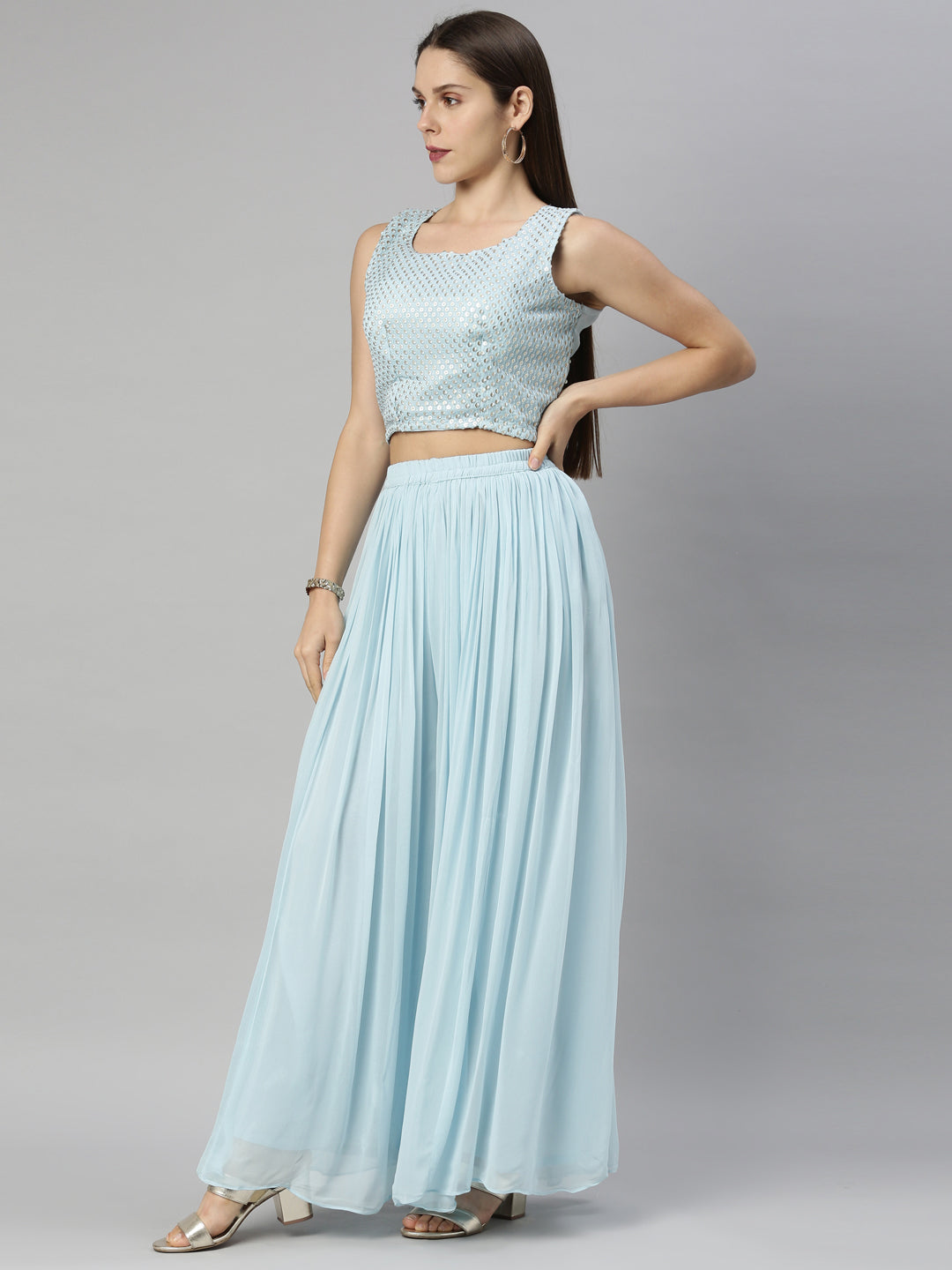 Neerus Blue Georgette Suit Set - back view
