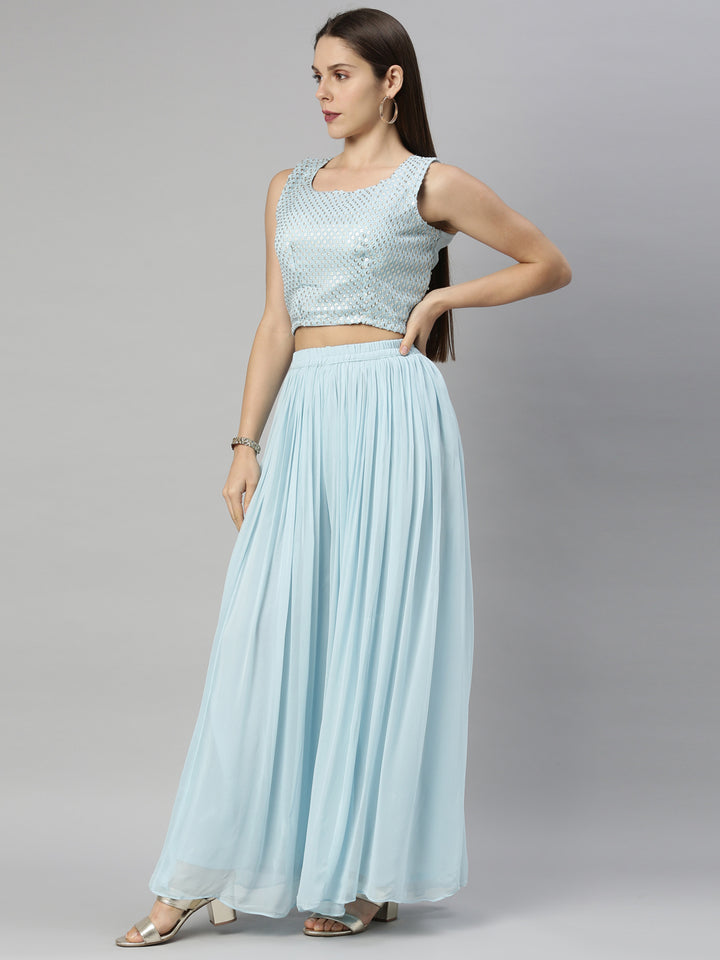 Neerus Blue Georgette Suit Set - back view