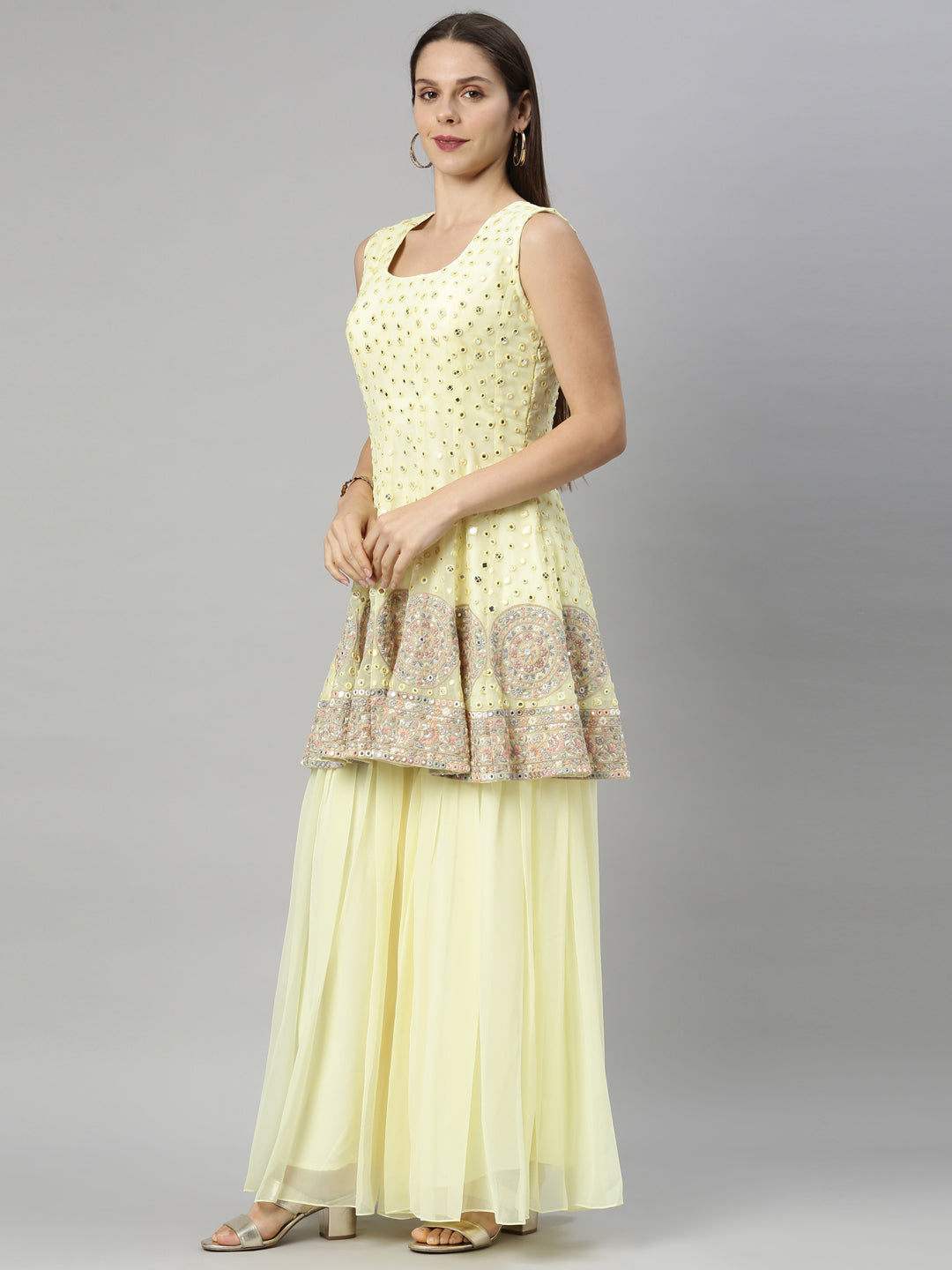 Neerus Yellow Color Georgette Fabric Suit-Short Anarkali
