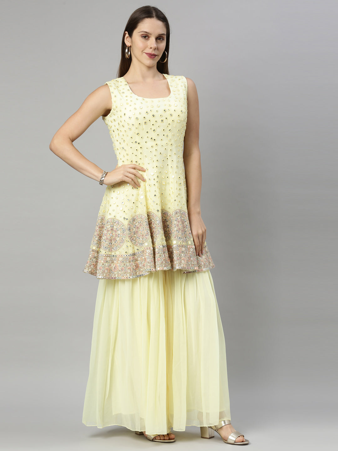 Neerus Yellow Color Georgette Fabric Suit-Short Anarkali