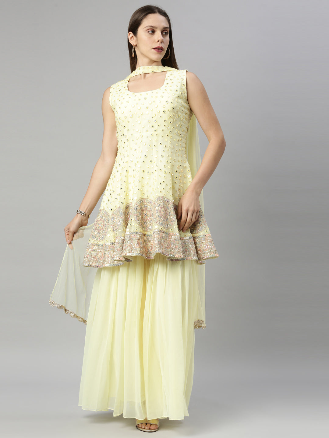 Neerus Yellow Color Georgette Fabric Suit-Short Anarkali