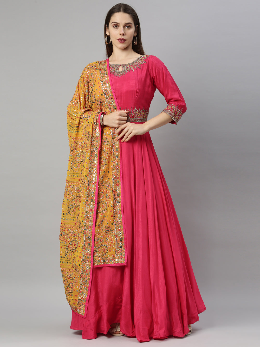 Neerus Pink silk embroidered anarkali suit set - front view