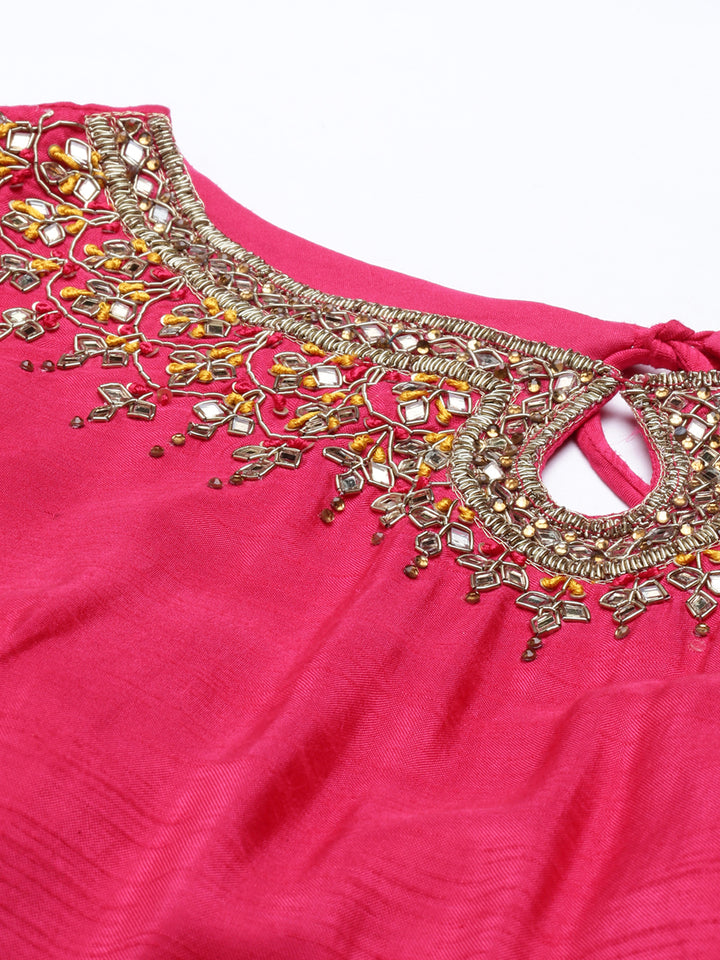 Neerus Pink silk embroidered anarkali suit set - side view