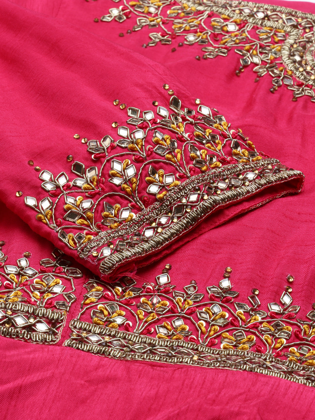Neerus Pink silk embroidered anarkali suit set - detail view 1